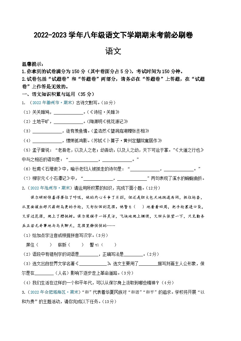 语文01卷（安徽专用）-（考试版）A4第1页