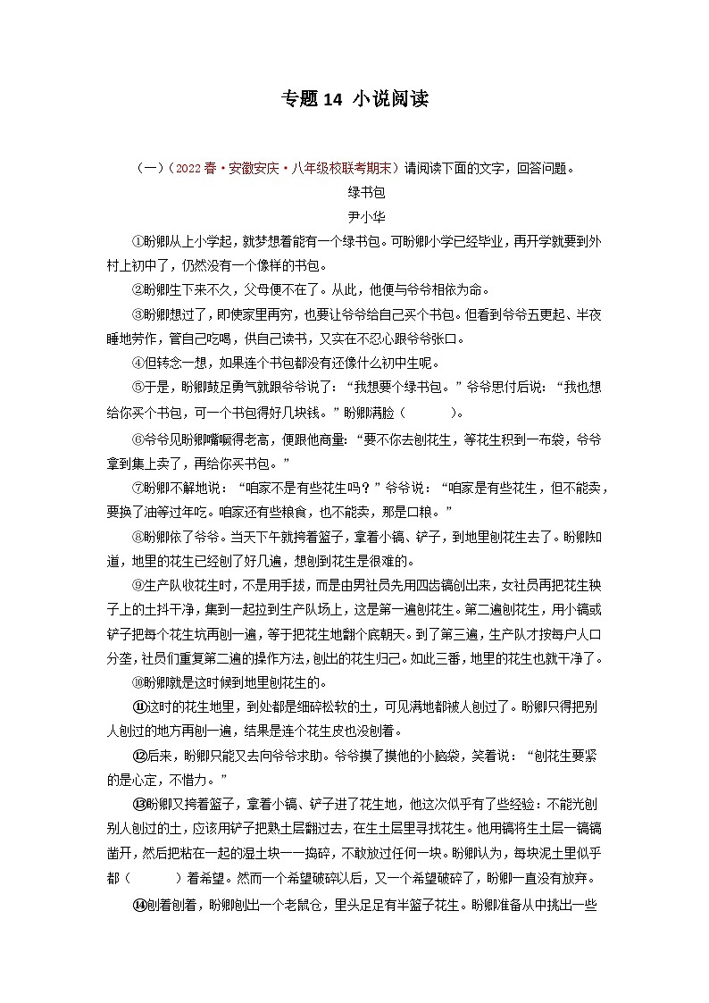 专题14 小说阅读－2022-2023学年八年级语文下册期末专项复习第1页