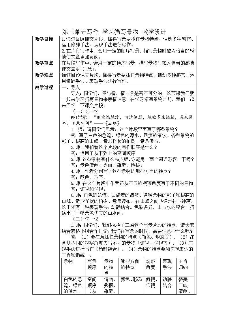 第三单元写作 学习描写景物 教学设计 2022-2023学年部编版语文八年级上册01
