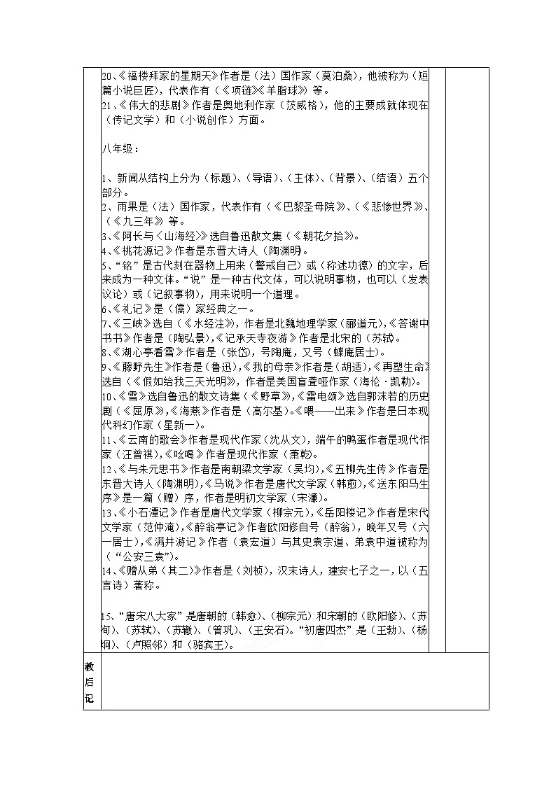 九年级语文中考复习教案：文学常识复习02