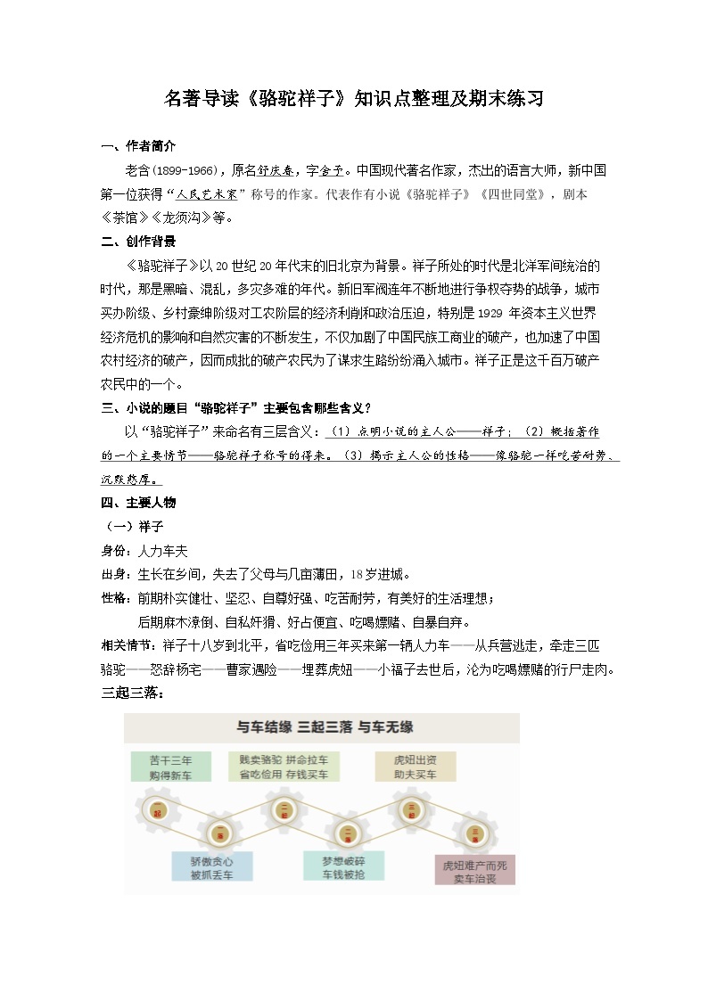 【期末综合复习】部编版语文2022-2023学年七年级下册期末：名著导读《骆驼祥子》知识点整理及期末练习（原卷版+解析版）01