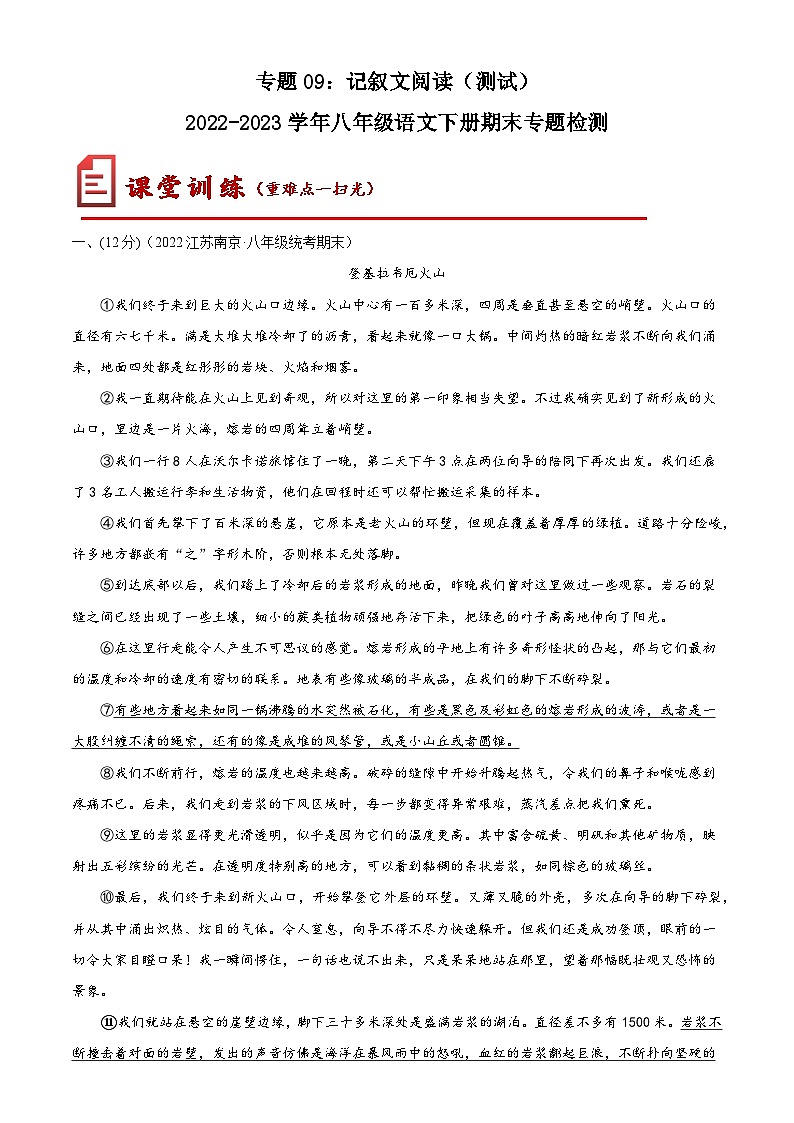 【期末专题复习】部编版语文2022-2023学年八年级下册期末：专题09  记叙文阅读（测试）01