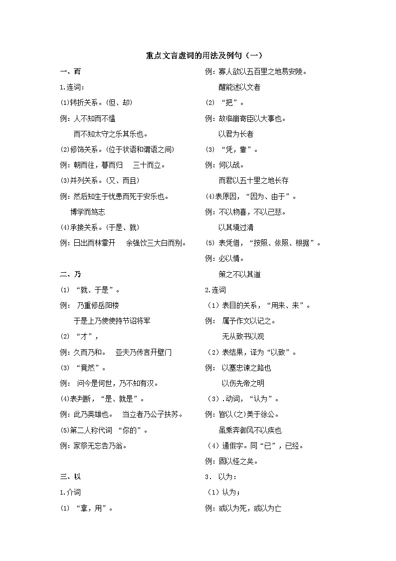 专题10 重点文言虚词用法及例句（一）-中考语文背诵手册第1页