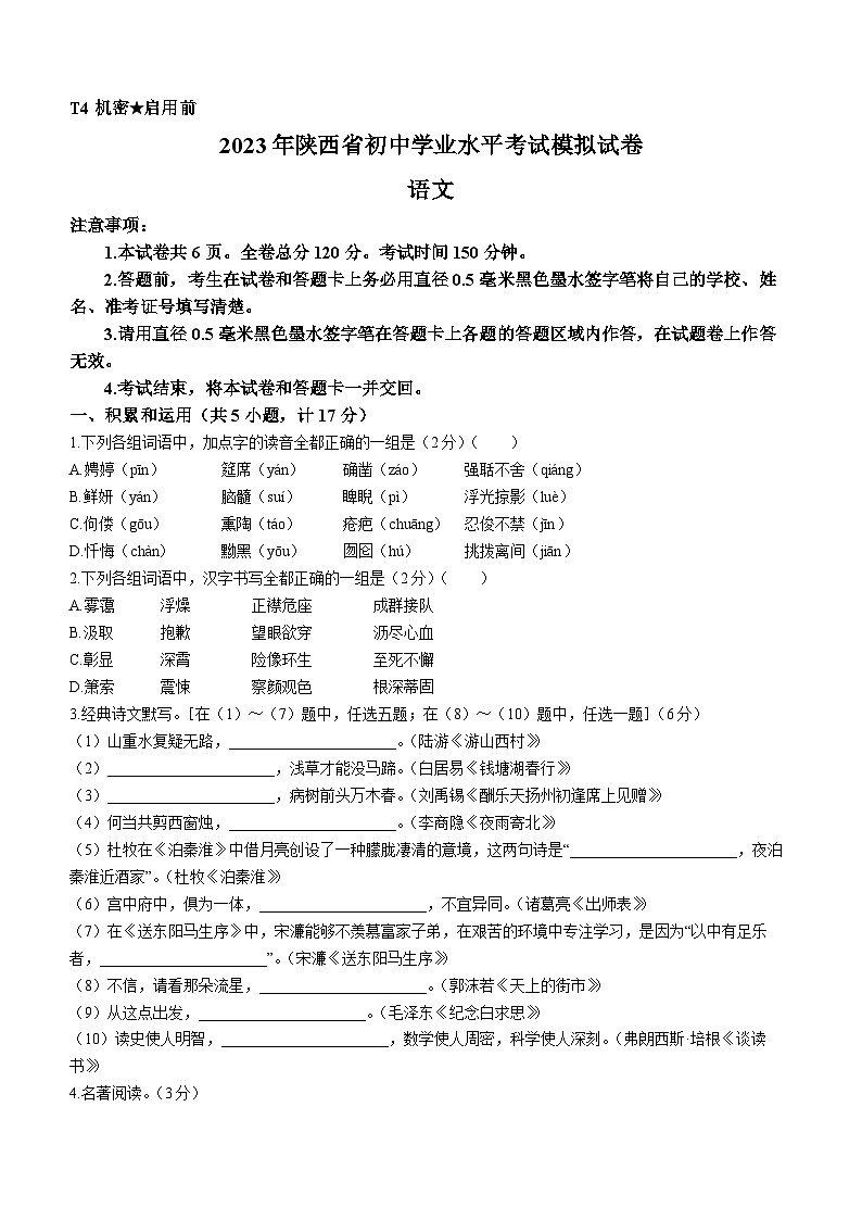 2023年陕西省宝鸡市陇县中考三模语文试题(含答案)01