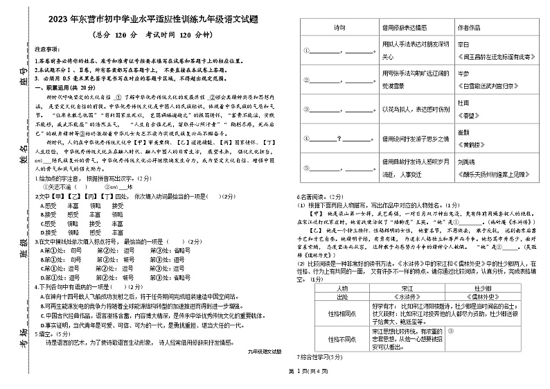 2023年山东省东营市初中学业水平适应性训练语文试题(含答案)第1页