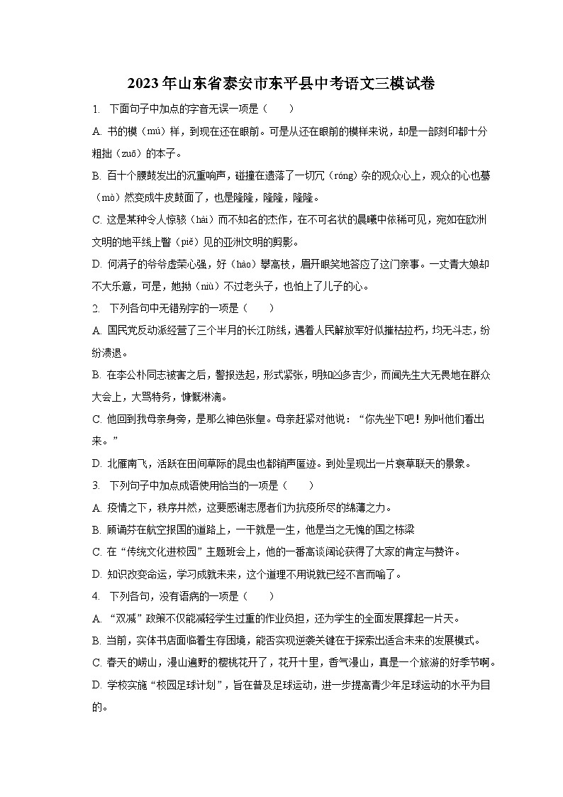 2023年山东省泰安市东平县中考语文三模试卷-普通用卷01