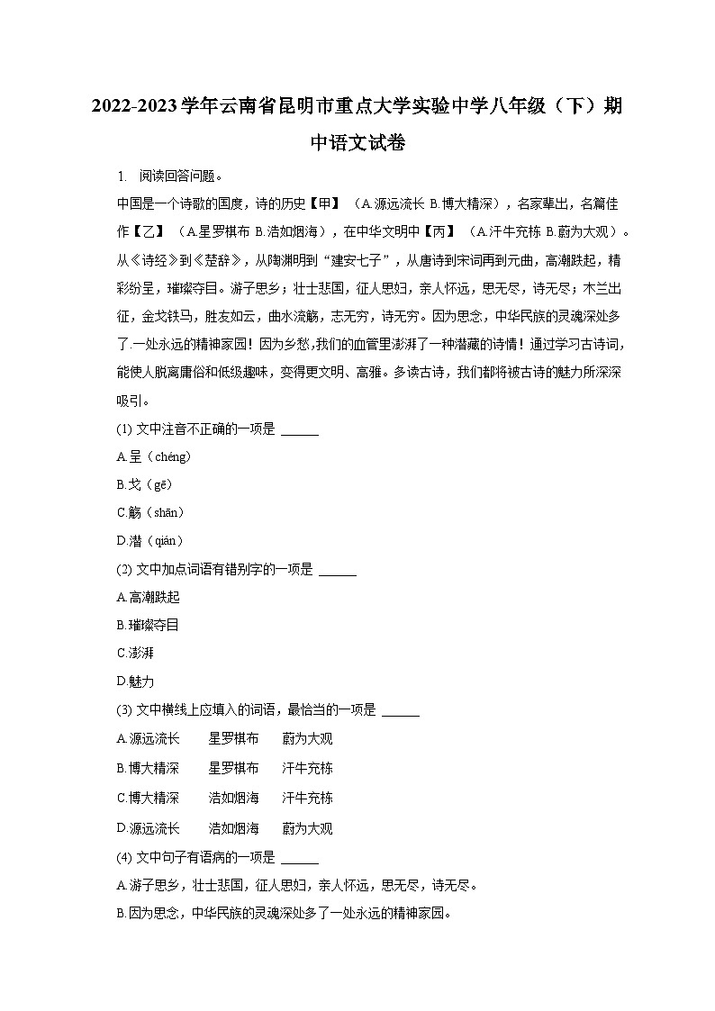 2022-2023学年云南省昆明市重点大学实验中学八年级（下）期中语文试卷第1页