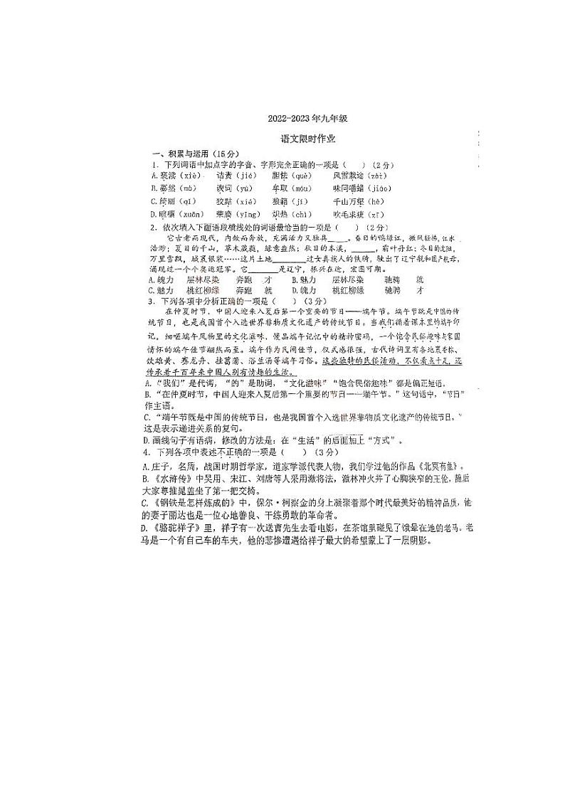 2023年辽宁省沈阳市第一三四中学中考三模语文试卷第1页