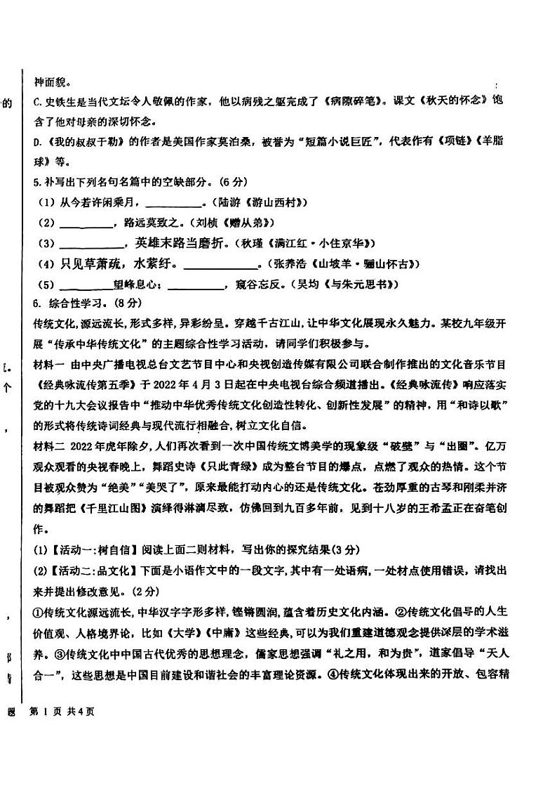 2022-2023学年山东省临沂市蒙阴县九年级下学期三模语文试题02