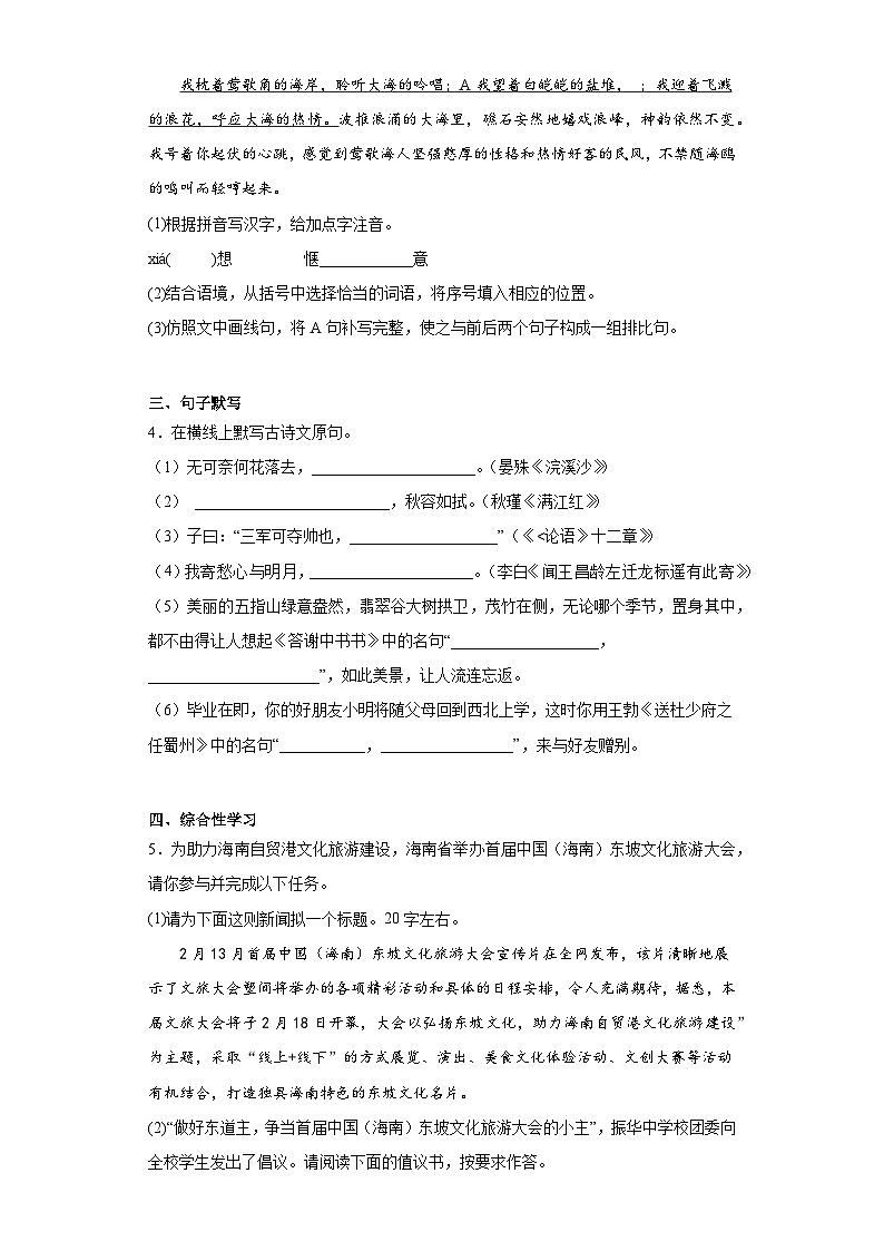 2023年海南省儋州市中考一模语文试题(含答案)02