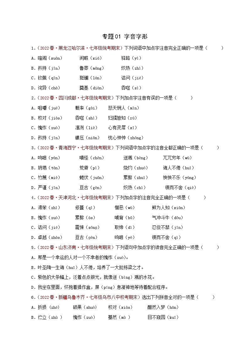 专题01：字音字形（专题过关）-2022-2023学年七年级语文下学期期末考点大串讲（部编版）（原卷版）01