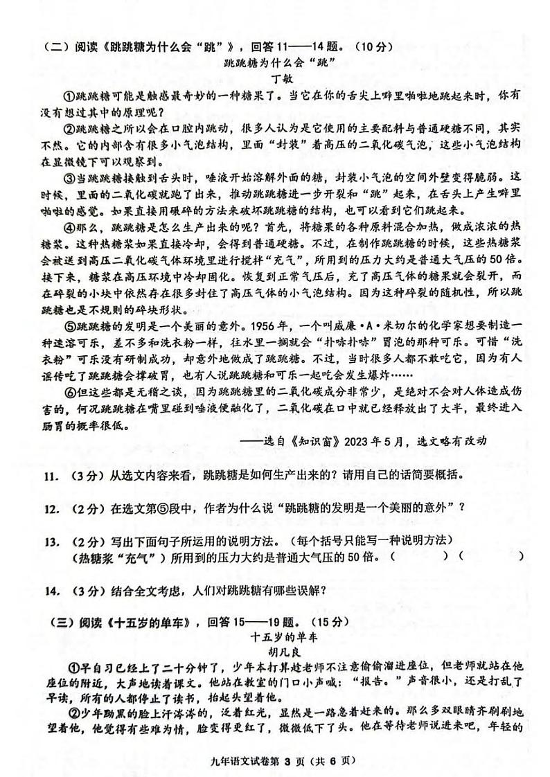 2023年哈尔滨市道外区中考三模语文试卷含答案解析第3页