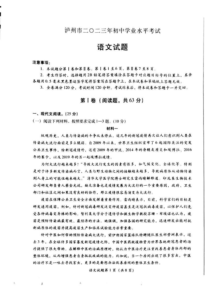 2023年四川省泸州市中考语文真题01