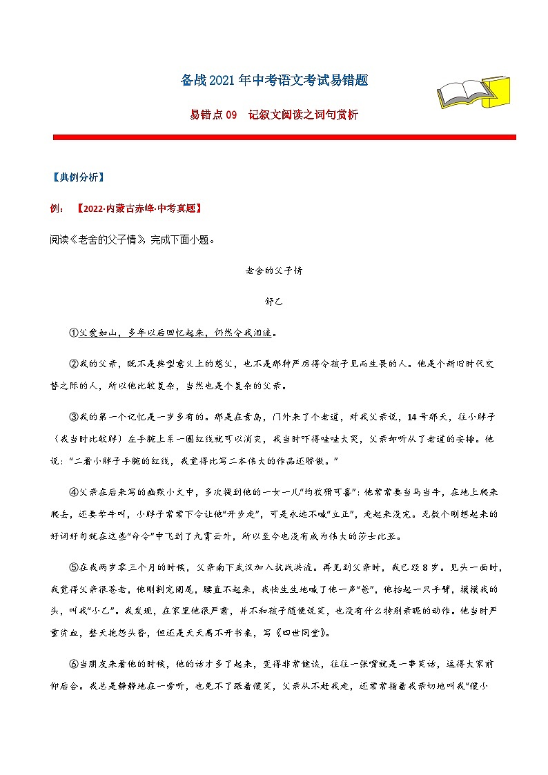 易错点09  记叙文阅读之词句赏析（原卷版）第1页