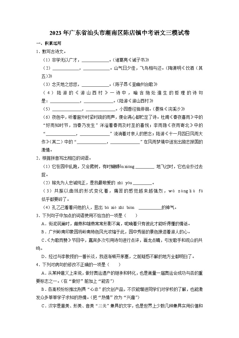 2023年广东省汕头市潮南区陈店镇中考语文三模试卷01