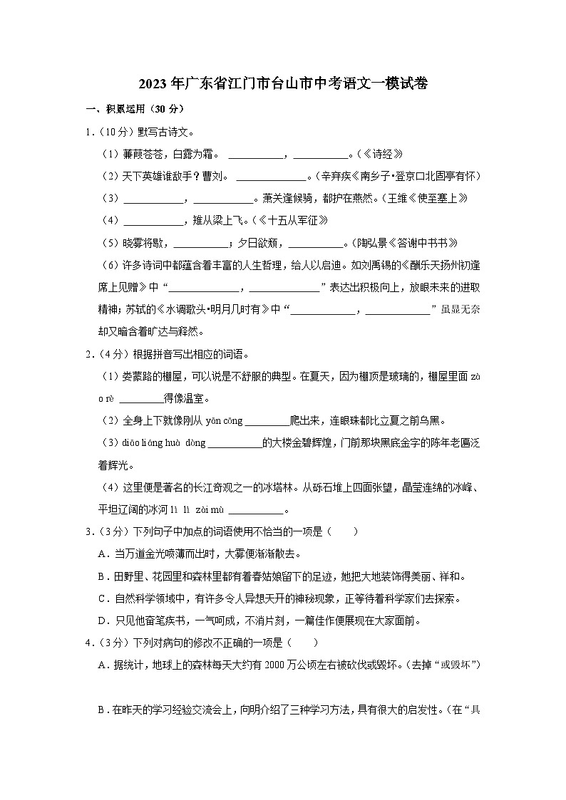 2023年广东省江门市台山市中考语文一模试卷(含答案)01