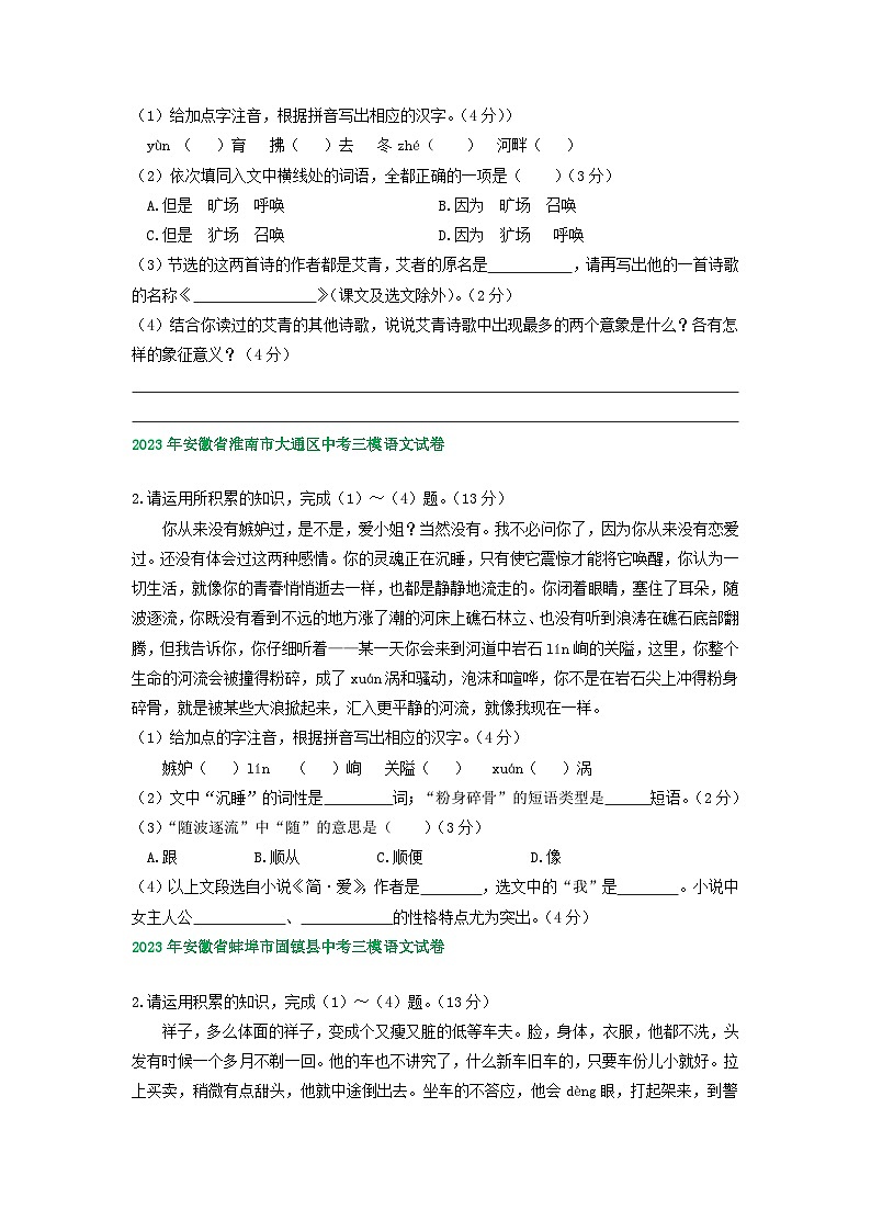 2023年安徽省部分地区中考三模语文试卷分类汇编：基础知识02