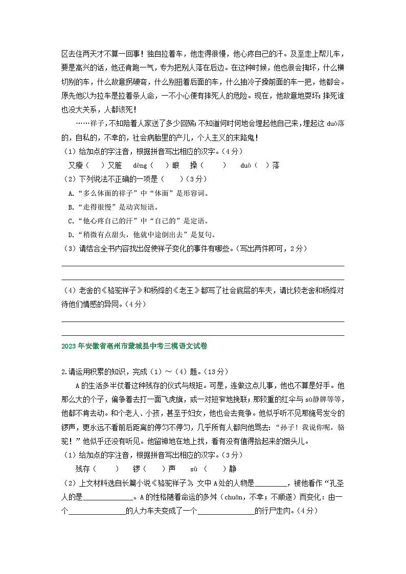 2023年安徽省部分地区中考三模语文试卷分类汇编：基础知识03