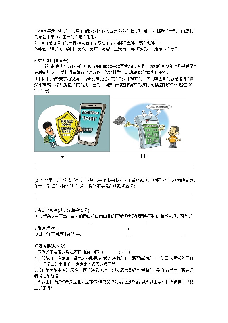 湖南省长沙市2019-2020北雅八年级入学考试语文卷（带解析）02
