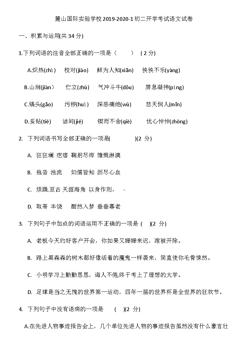 湖南省长沙市2019-2020麓山国际八年级入学考试语文卷第1页