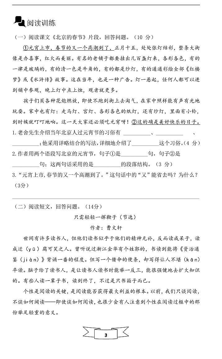 重点学校小升初七年级入学小升初招生毕业+分班考语文（节选）（无答案）第3页