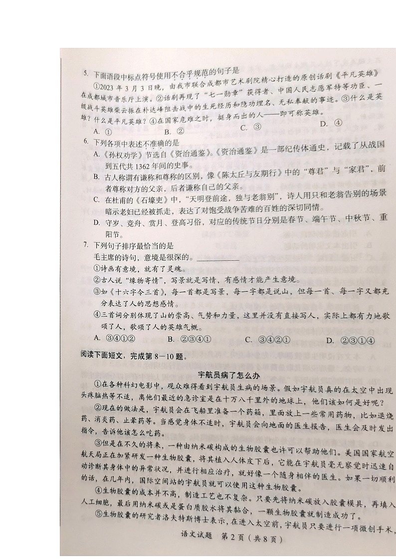 2023年四川省广安市中考语文真题02