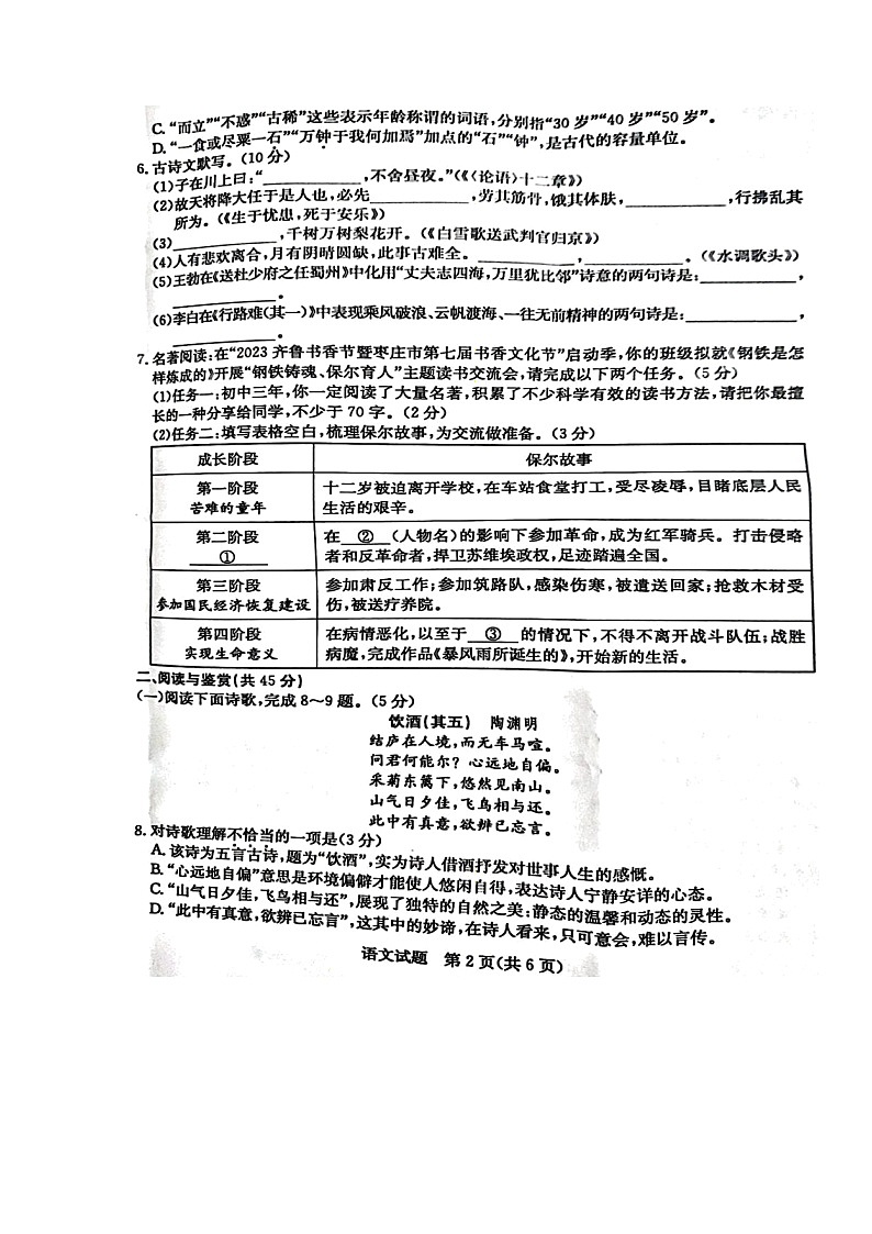 2023年山东省枣庄市中考语文真题03