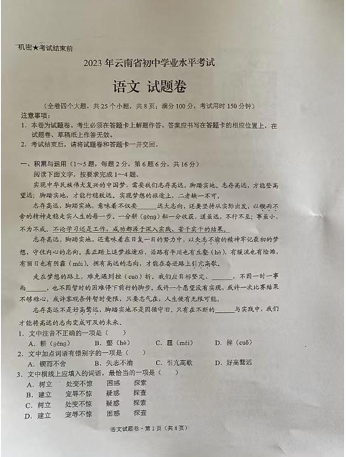 2023年云南省中考语文真题01