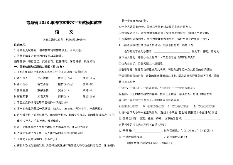 青海省2023年初中学业水平考试语文模拟试卷01