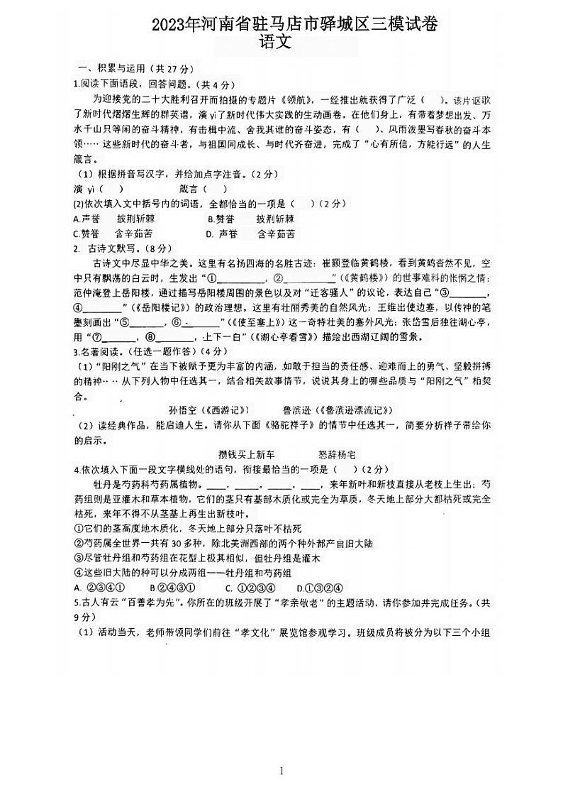 2023年河南省驻马店市驿城区中考三模语文试题01