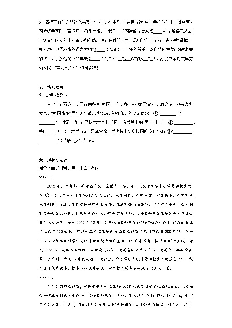 2023年湖南省常德市澧县中考三模语文试题（含答案）02