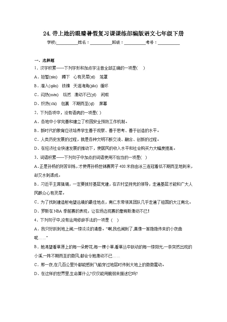 24.带上她的眼睛暑假复习课课练部编版语文七年级下册01