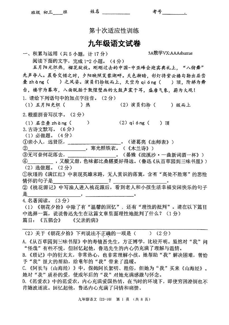 2023年陕西西工大10模中考语文(无答案)第1页