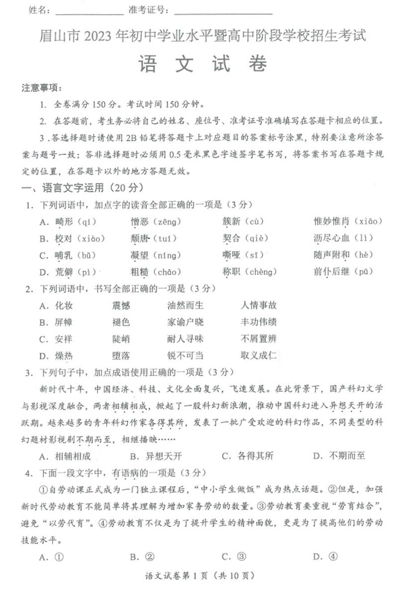 2023年四川省眉山市中考语文真题01