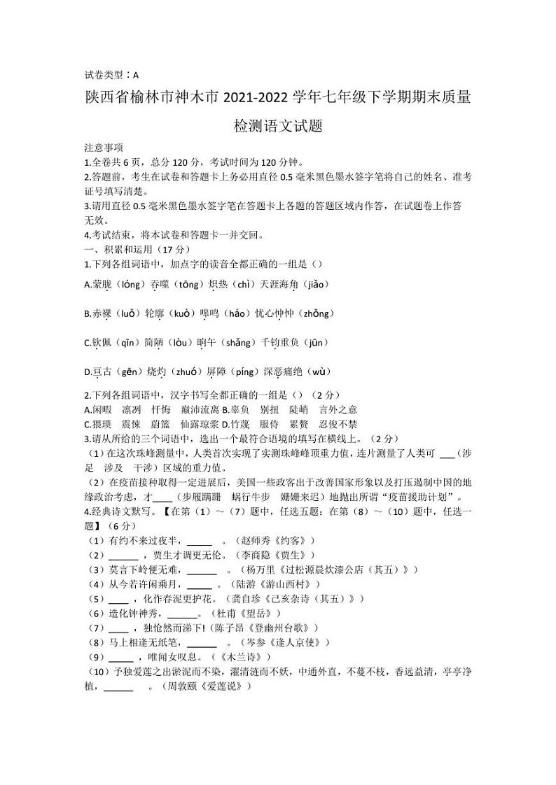 陕西省榆林市神木市2021-2022学年七年级下学期期末质量检测语文试题01