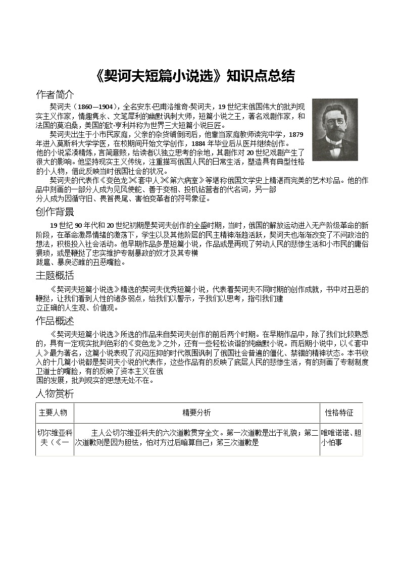 第六单元名著自主阅读推荐《契诃夫短篇小说选》知识点总结 部编版语文九年级下册第1页