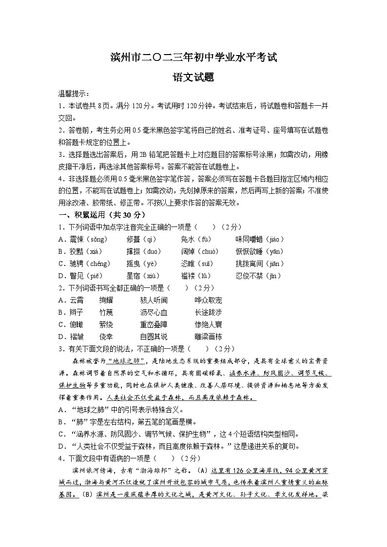 2023年山东省滨州市中考语文真题(无答案)第1页