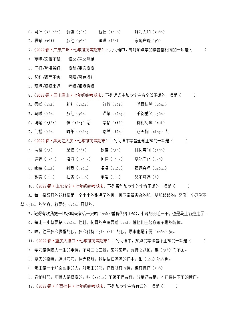 专题01：字音字形-2022-2023学年七年级语文下学期期末考点大串讲（部编版）02