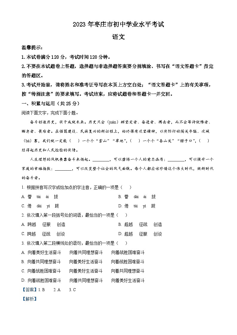 2023年山东省枣庄市中考语文真题（解析版）01