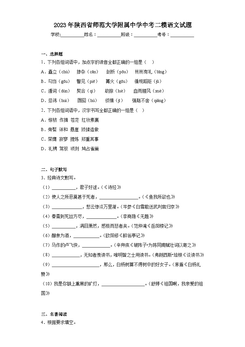 2023年陕西省师范大学附属中学中考二模语文试题（含答案）01
