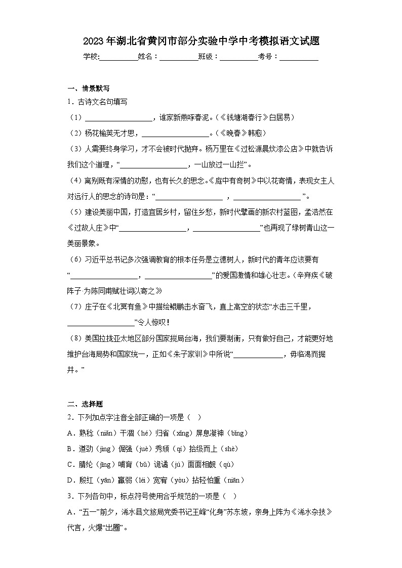 2023年湖北省黄冈市部分实验中学中考模拟语文试题（含解析）01