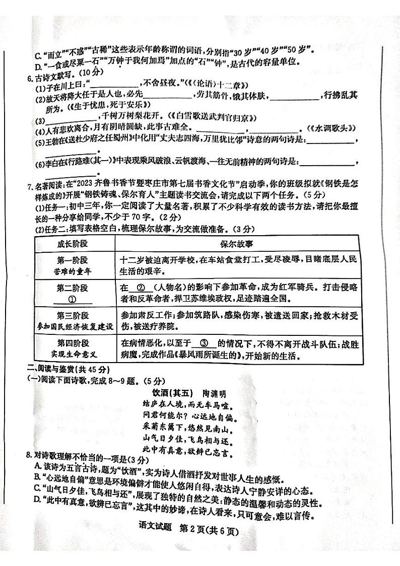 2023年山东省枣庄市中考语文真题02