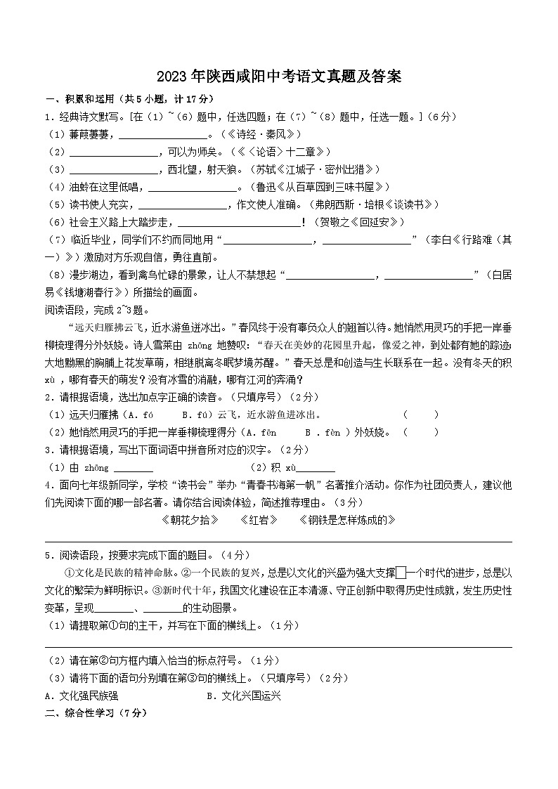 2023年陕西咸阳中考语文真题及答案01