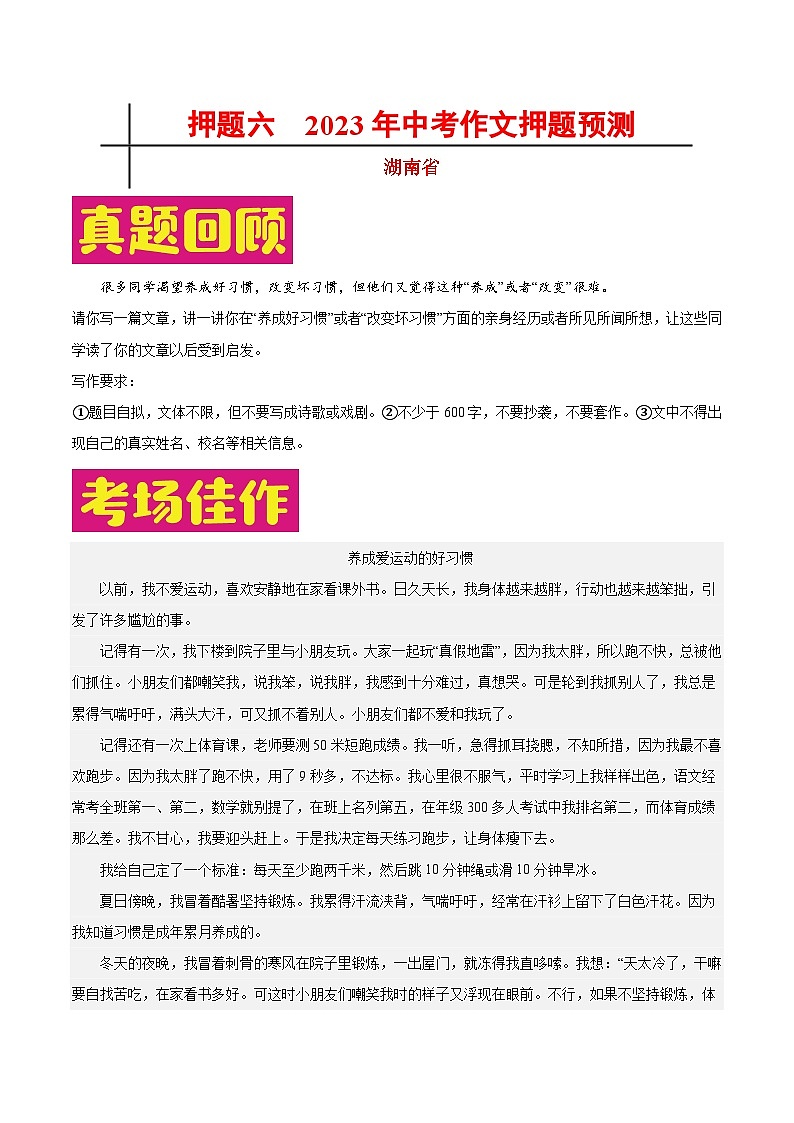2023年中考作文之热点省份押题预测（湖南）(原卷+解析)01