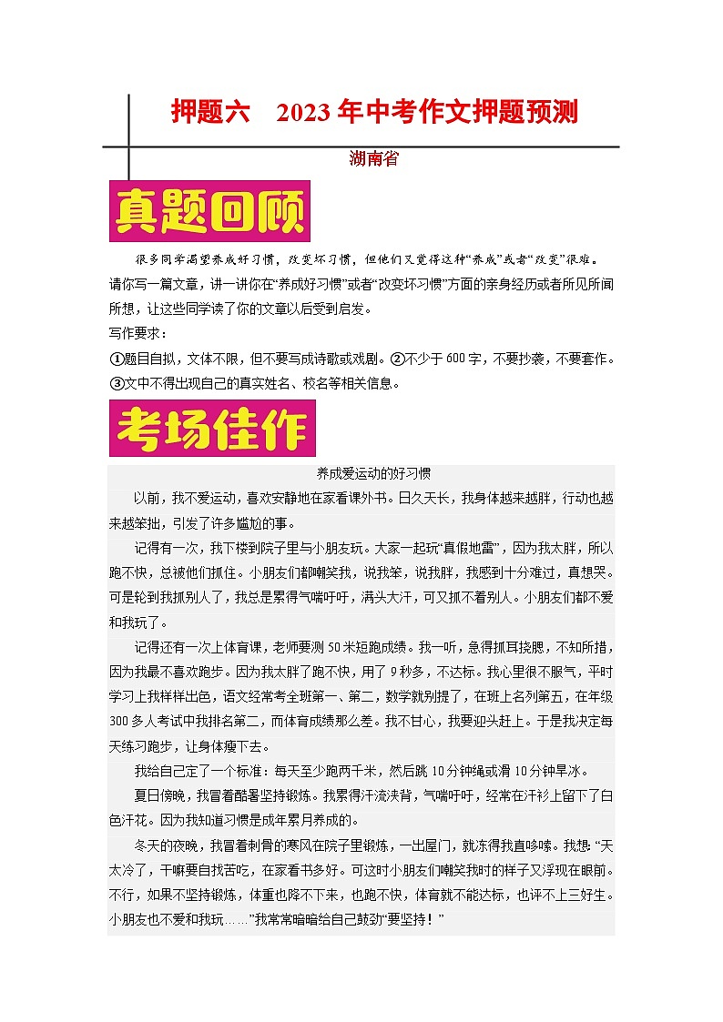 2023年中考作文之热点省份押题预测（湖南）(原卷+解析)01
