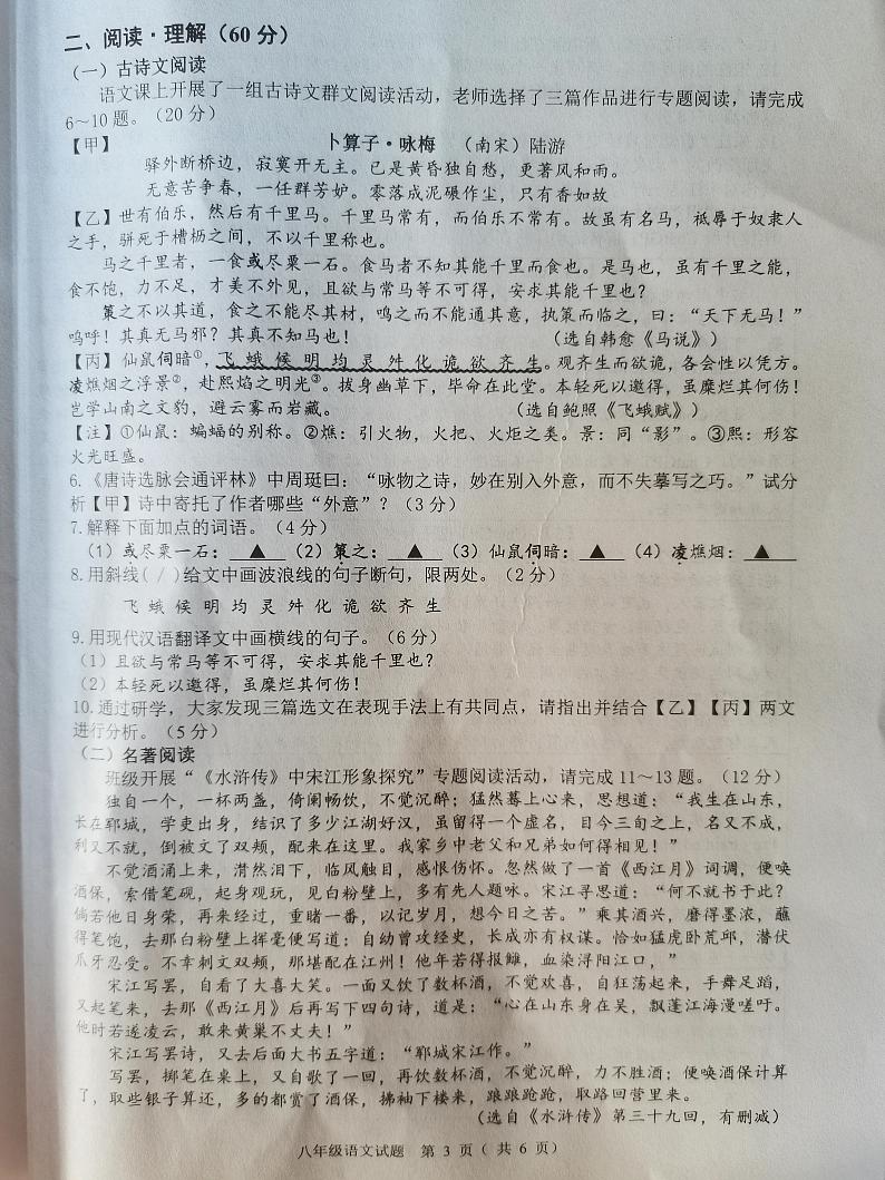 江苏省连云港市灌云县2022-2023学年八年级下学期期末学业质量监测语文试卷第3页