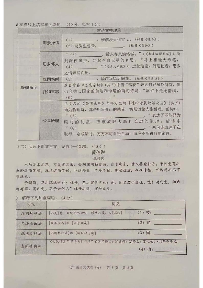 重庆市江津区2022-2023学年七年级下学期期末检测语文试卷（A）03