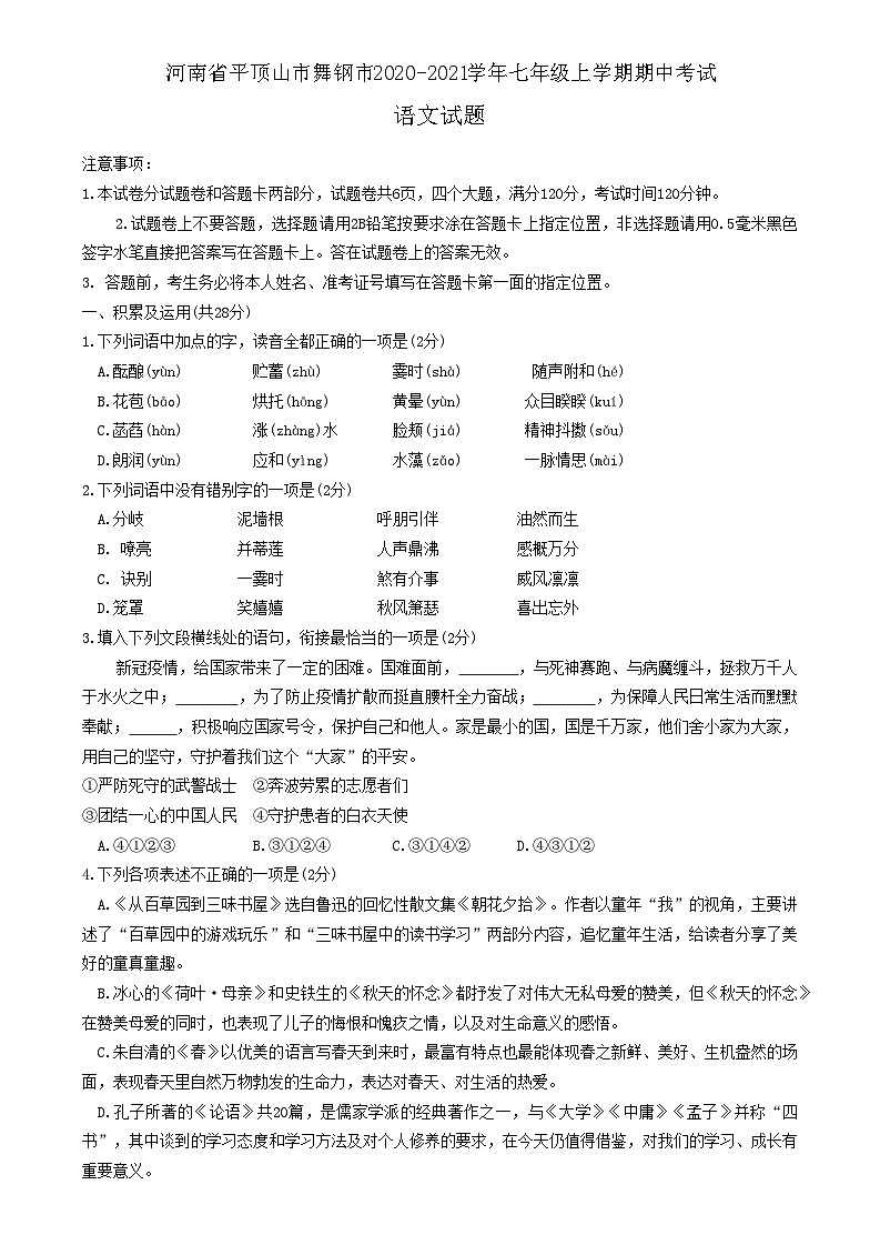 河南省平顶山市舞钢市2020-2021学年七年级上学期期中考试语文试题第1页