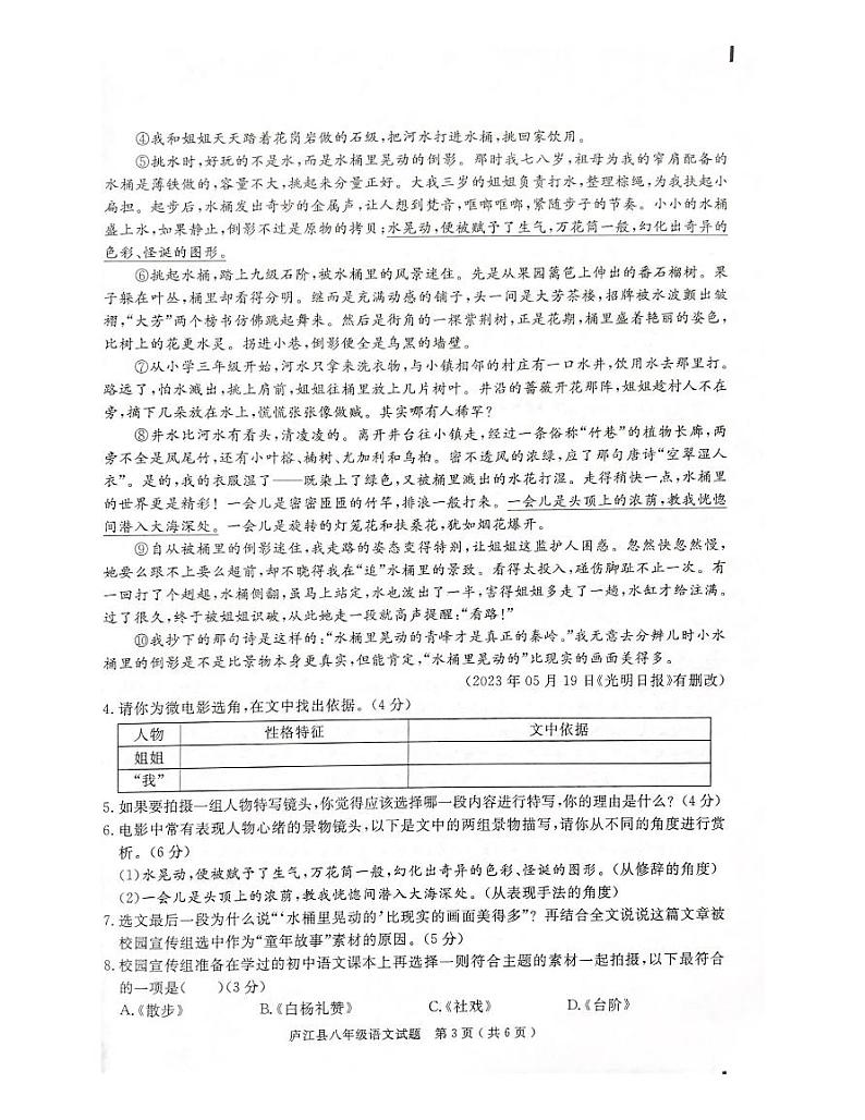 安徽省合肥市庐江县2022-2023学年八年级下学期6月期末语文试题第3页