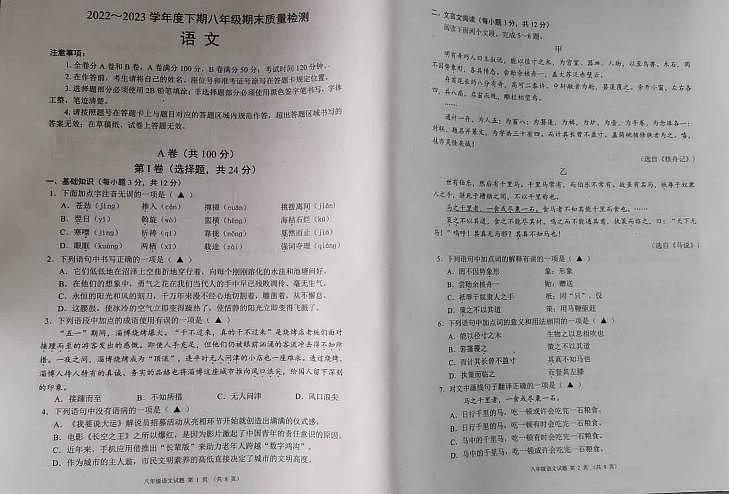 四川省成都市金堂县2022-2023学年八年级下学期期末检测语文试题第1页